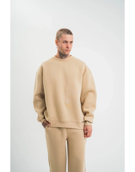 Uzun Kol Bisiklet Yaka Basic SweatShirt - Bej