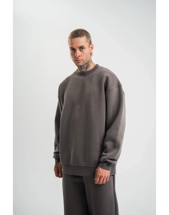 Uzun Kol Bisiklet Yaka Basic SweatShirt - Füme