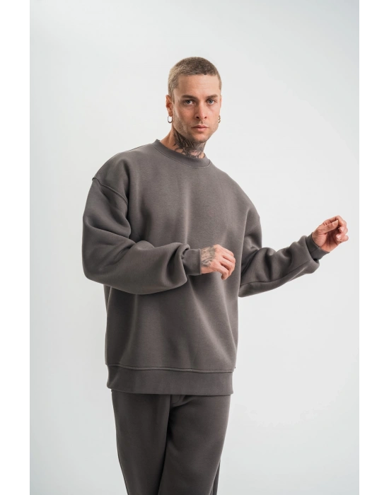Uzun Kol Bisiklet Yaka Basic SweatShirt - Füme