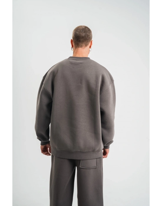 Uzun Kol Bisiklet Yaka Basic SweatShirt - Füme
