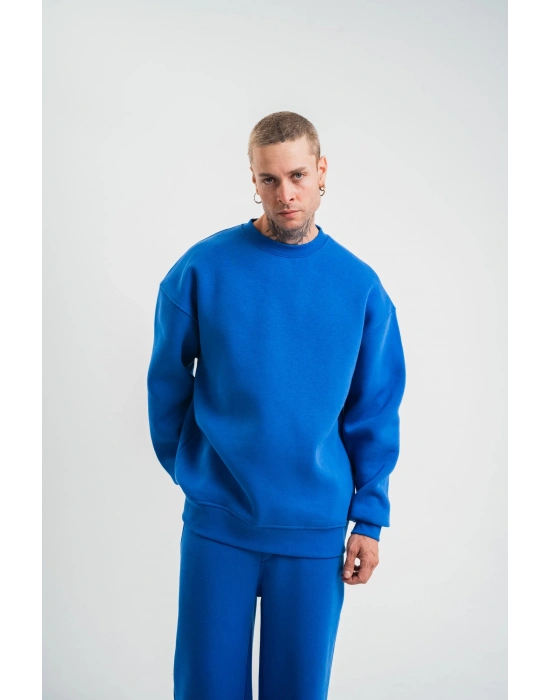 Uzun Kol Bisiklet Yaka Basic SweatShirt - Mavi