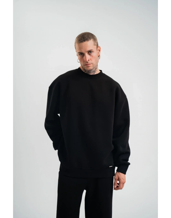 ErkeknUzun Kol Bisiklet Yaka Basic SweatShirt - Siyah