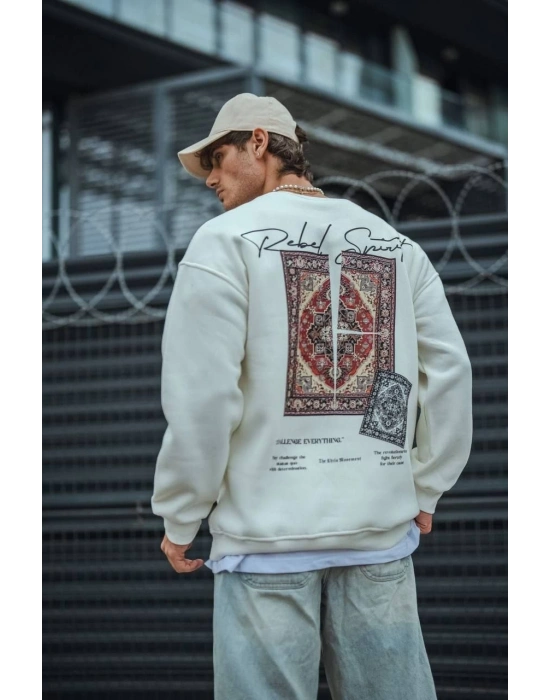 Uzun Kol Bisiklet Yaka Baskılı SweatShirt - Beyaz