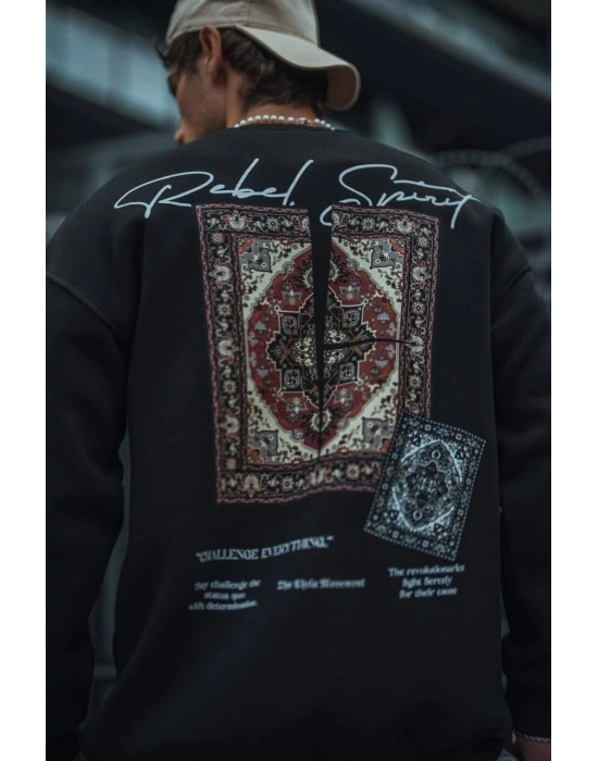 Uzun Kol Bisiklet Yaka Baskılı SweatShirt - Siyah