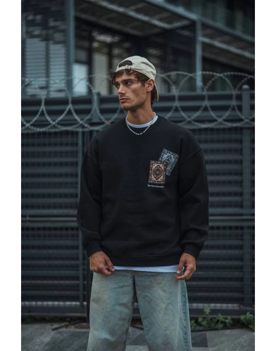 Uzun Kol Bisiklet Yaka Baskılı SweatShirt - Siyah