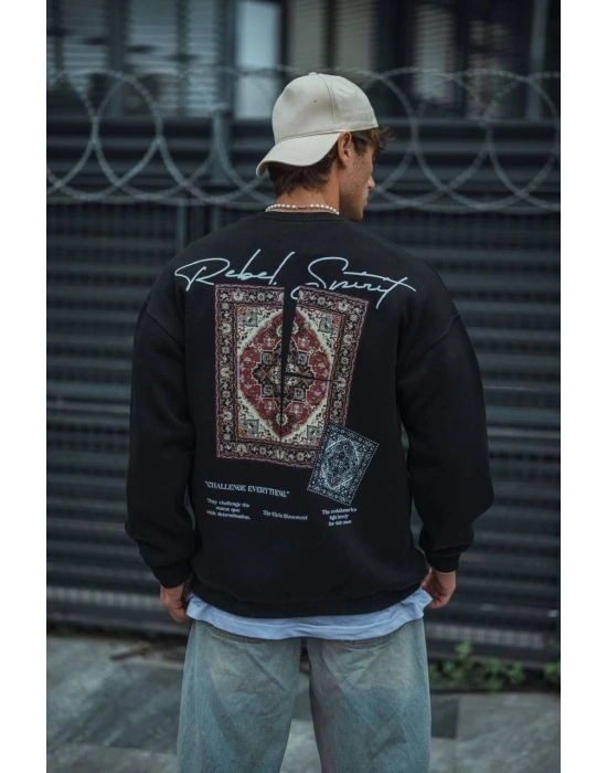 Uzun Kol Bisiklet Yaka Baskılı SweatShirt - Siyah
