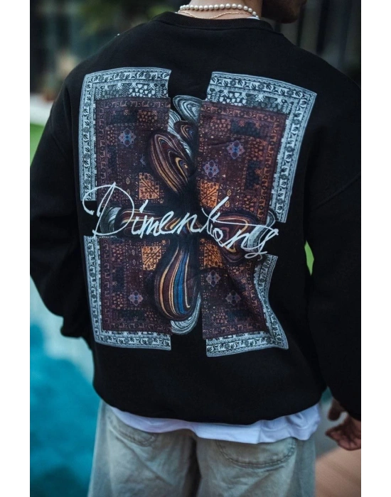 Uzun Kol Bisiklet Yaka Ön ve Arka Baskılı SweatShirt - Siyah