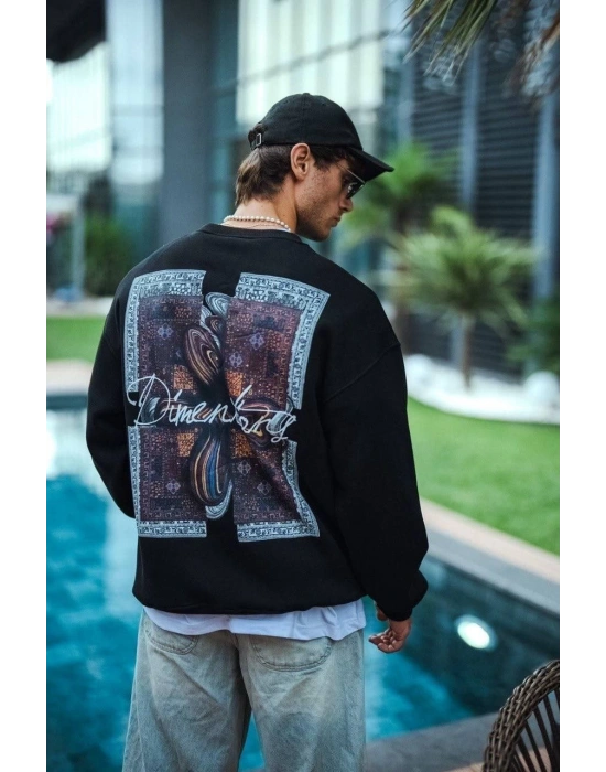 Uzun Kol Bisiklet Yaka Ön ve Arka Baskılı SweatShirt - Siyah