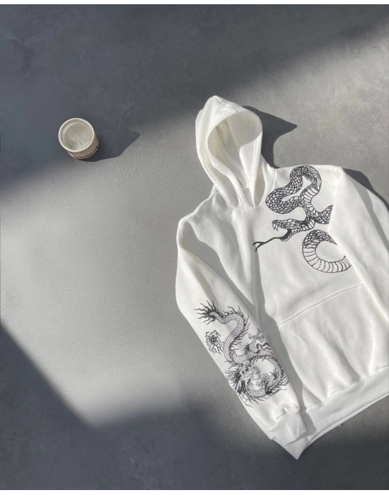 Uzun Kol Kapüşonlu Baskılı SweatShirt - Beyaz