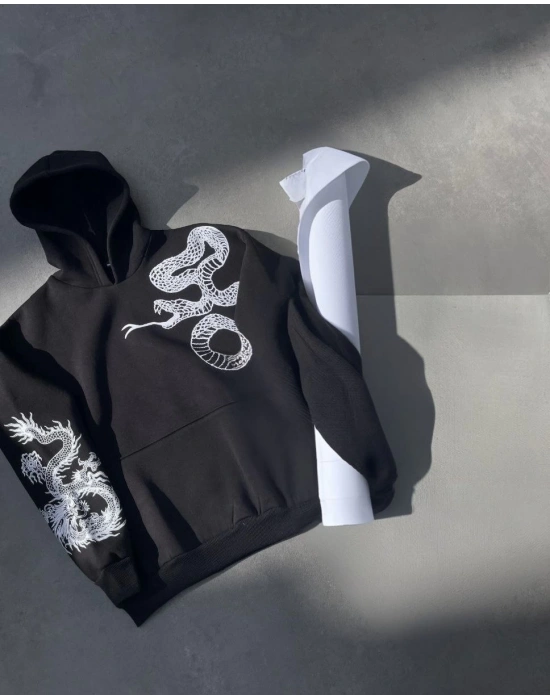 Uzun Kol Kapüşonlu Baskılı SweatShirt - Siyah