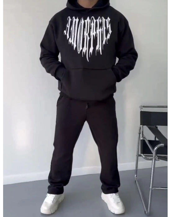 Uzun Kol Kapüşonlu Baskılı SweatShirt - Siyah