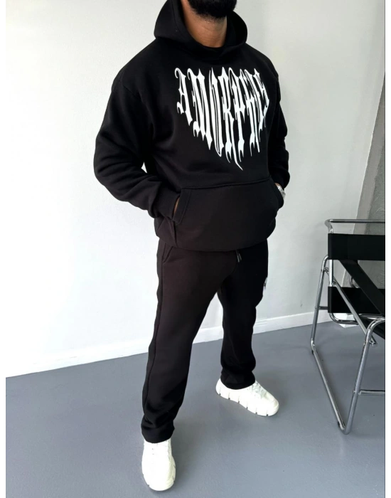 Uzun Kol Kapüşonlu Baskılı SweatShirt - Siyah