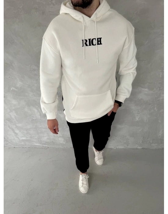 Uzun Kol Kapüşonlu Göğüs Baskılı SweatShirt - Beyaz