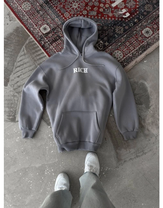 Uzun Kol Kapüşonlu Göğüs Baskılı SweatShirt - Gri