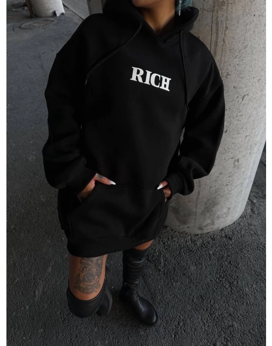 Uzun Kol Kapüşonlu Göğüs Baskılı SweatShirt - Siyah