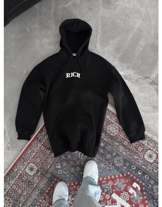 Uzun Kol Kapüşonlu Göğüs Baskılı SweatShirt - Siyah