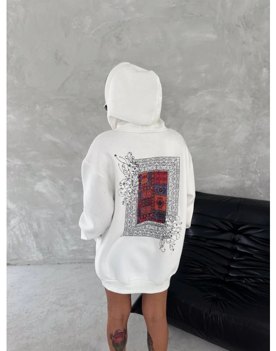 Uzun Kol Kapüşonlu Ön Ve Arka Baskılı SweatShirt - Beyaz