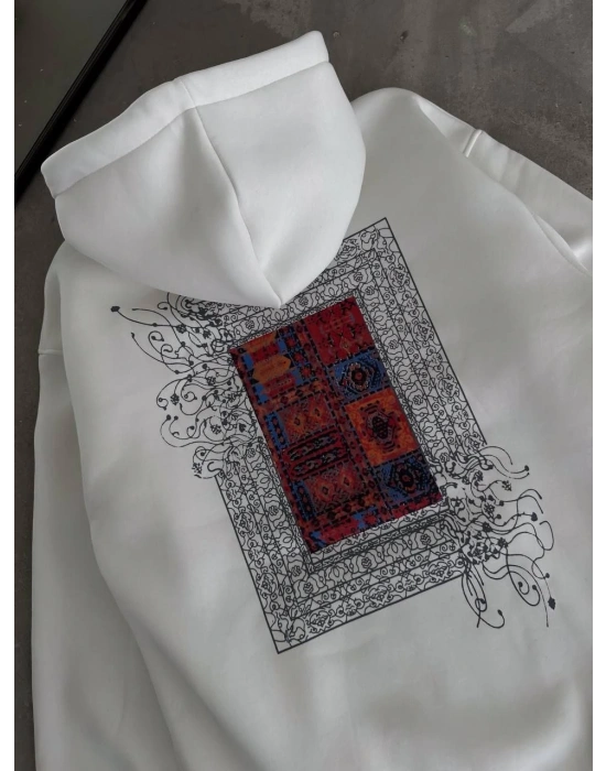 Uzun Kol Kapüşonlu Ön Ve Arka Baskılı SweatShirt - Beyaz