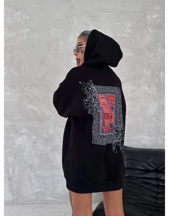 Uzun Kol Kapüşonlu Ön Ve Arka Baskılı SweatShirt - Siyah