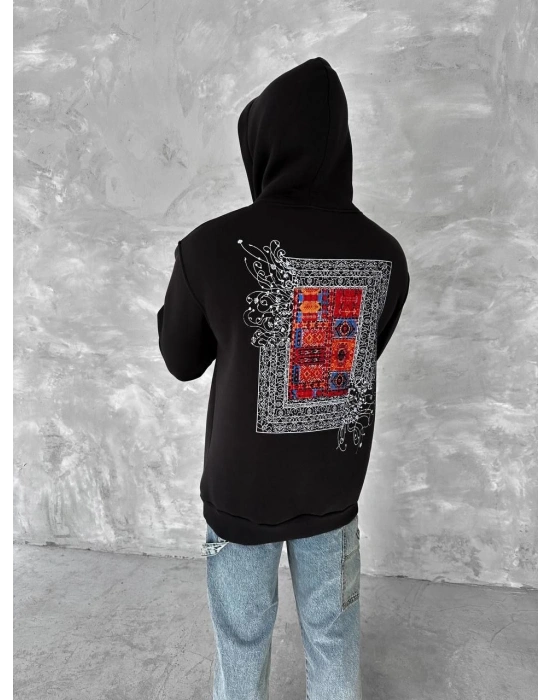 Uzun Kol Kapüşonlu Ön Ve Arka Baskılı SweatShirt - Siyah