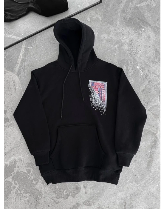 Uzun Kol Kapüşonlu Ön Ve Arka Baskılı SweatShirt - Siyah