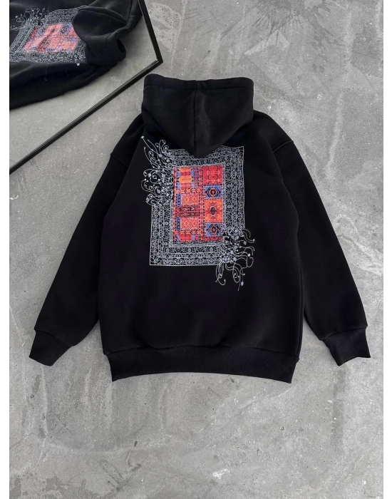Uzun Kol Kapüşonlu Ön Ve Arka Baskılı SweatShirt - Siyah