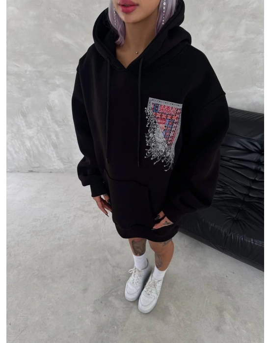 Uzun Kol Kapüşonlu Ön Ve Arka Baskılı SweatShirt - Siyah