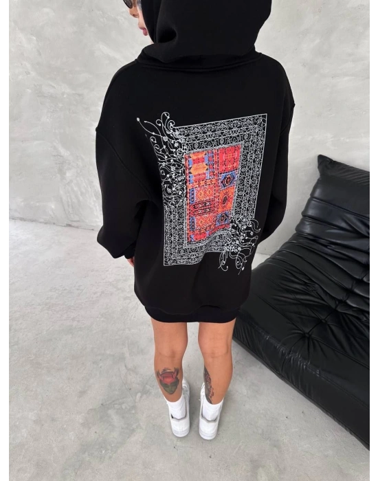 Uzun Kol Kapüşonlu Ön Ve Arka Baskılı SweatShirt - Siyah