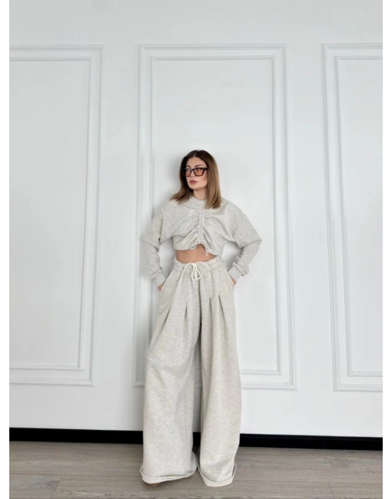 Uzun Kollu Önü İp Büzgülü Crop ve Pantolon İkili Takım - Gri
