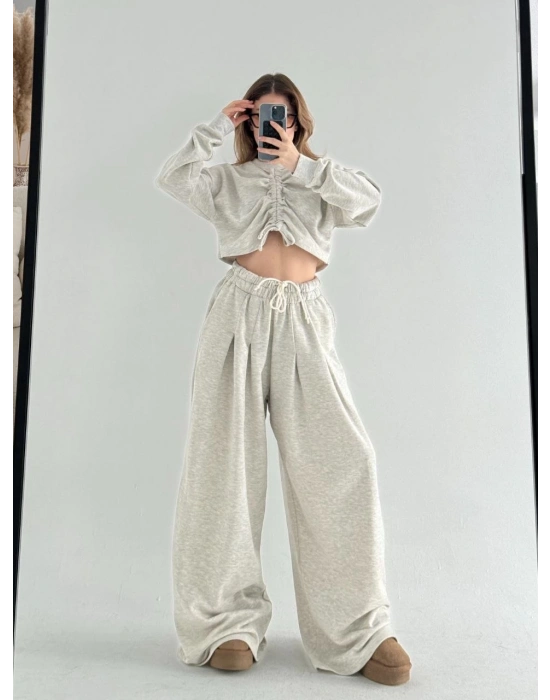 Uzun Kollu Önü İp Büzgülü Crop ve Pantolon İkili Takım - Gri