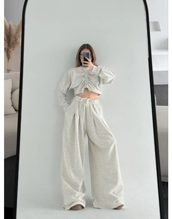 Uzun Kollu Önü İp Büzgülü Crop ve Pantolon İkili Takım - Gri
