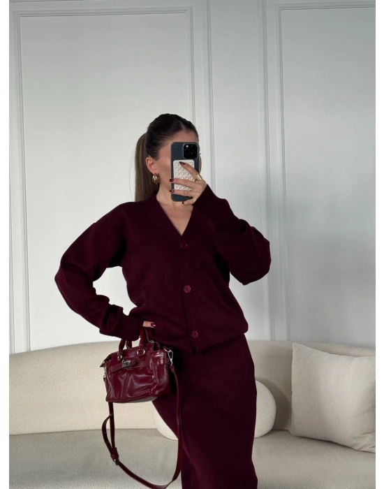 V Yaka 3 Düğmeli Hırka Takım Triko İkili Etekli - Bordo