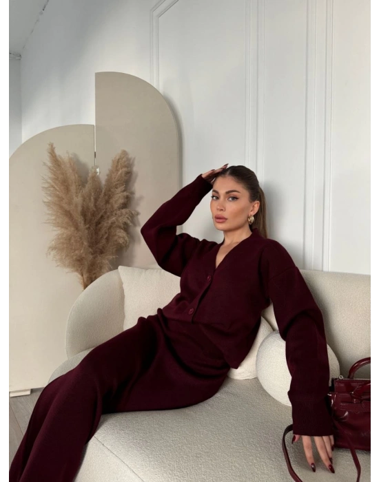 V Yaka 3 Düğmeli Hırka Takım Triko İkili Etekli - Bordo