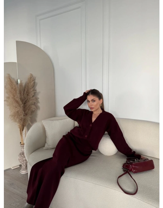 V Yaka 3 Düğmeli Hırka Takım Triko İkili Etekli - Bordo