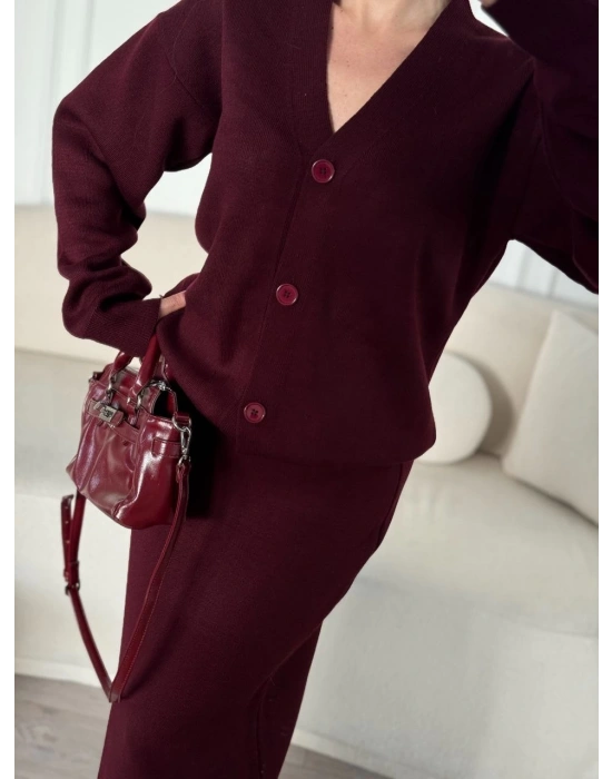 V Yaka 3 Düğmeli Hırka Takım Triko İkili Etekli - Bordo