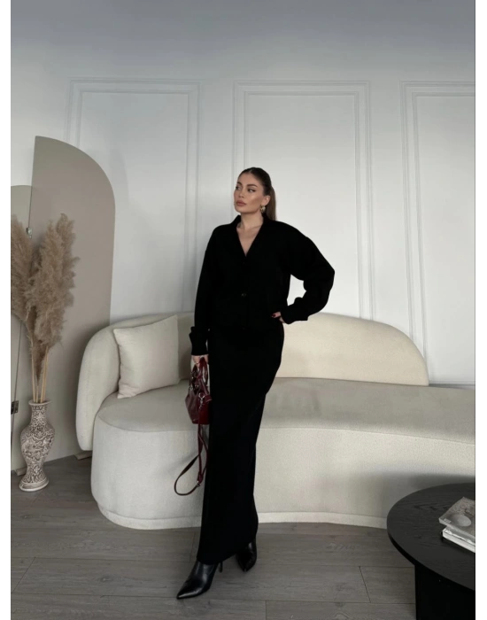 V Yaka 3 Düğmeli Hırka Takım Triko İkili Etekli - Siyah