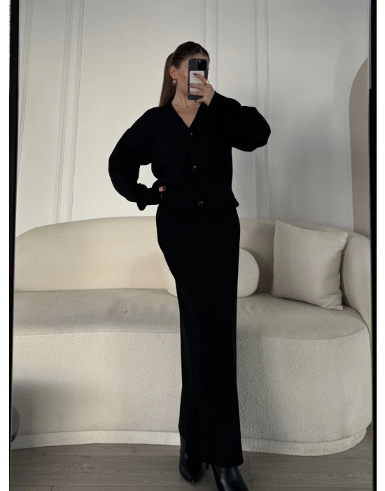 V Yaka 3 Düğmeli Hırka Takım Triko İkili Etekli - Siyah