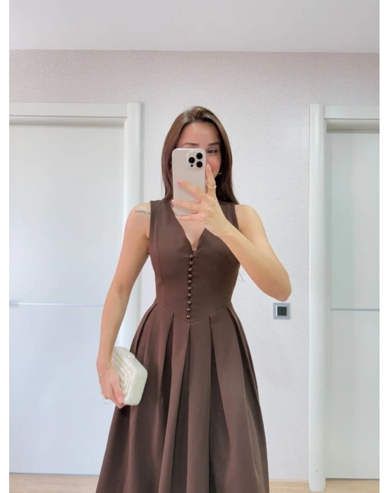 V yaka Krep Arka Ön Pens Detaylı Uzun Kolsuz Elbise - Kahverengi