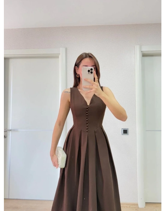 V yaka Krep Arka Ön Pens Detaylı Uzun Kolsuz Elbise - Kahverengi