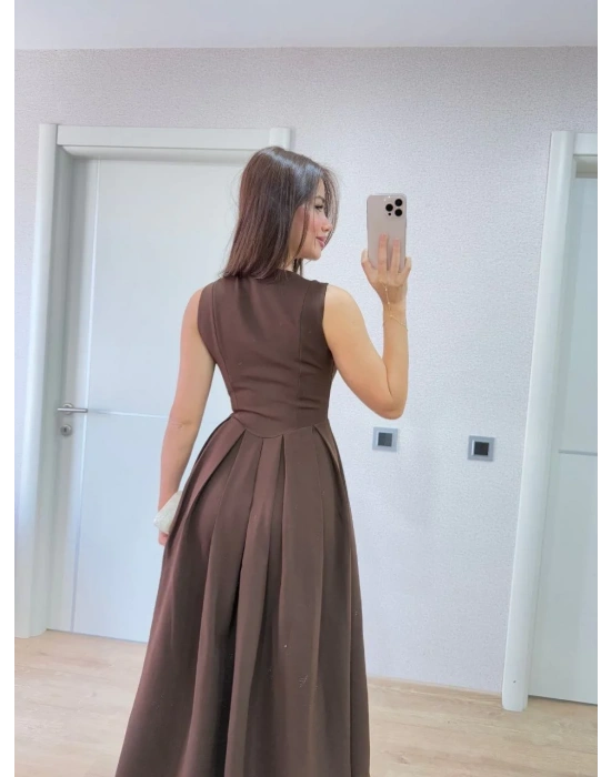 V yaka Krep Arka Ön Pens Detaylı Uzun Kolsuz Elbise - Kahverengi