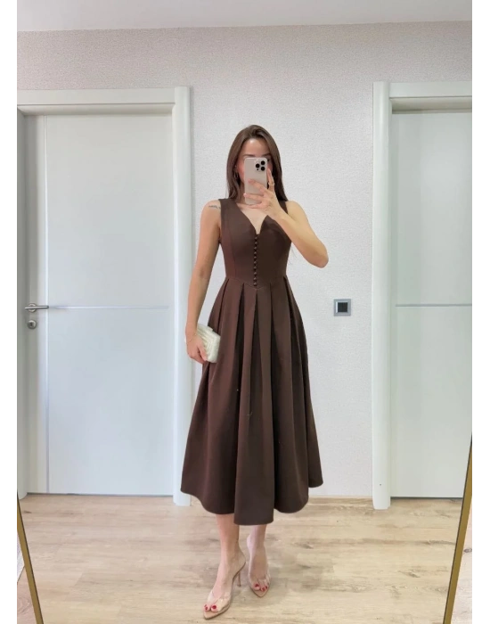 V yaka Krep Arka Ön Pens Detaylı Uzun Kolsuz Elbise - Kahverengi