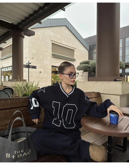 V Yaka Üç İplik Sweat Takım - Siyah