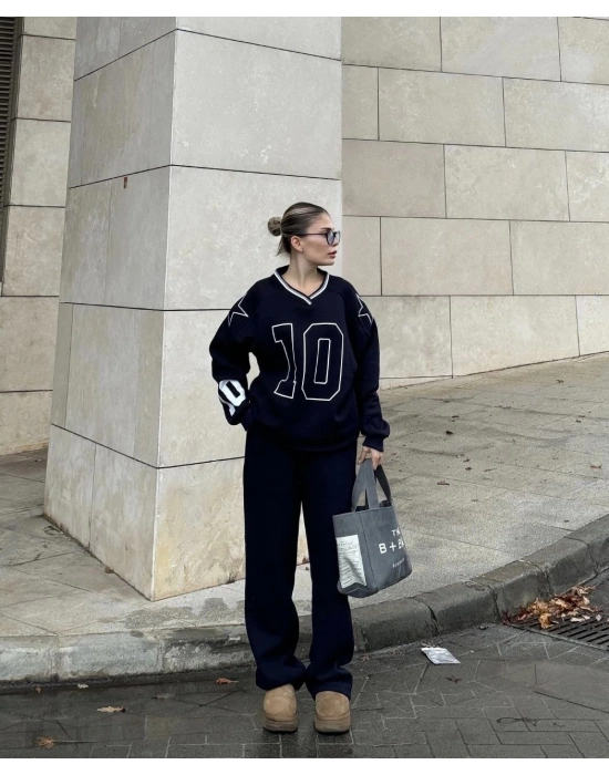 V Yaka Üç İplik Sweat Takım - Siyah