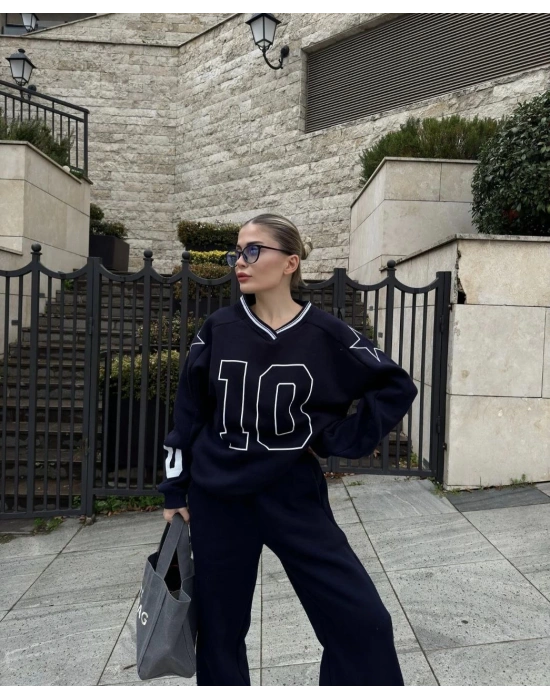 V Yaka Üç İplik Sweat Takım - Siyah