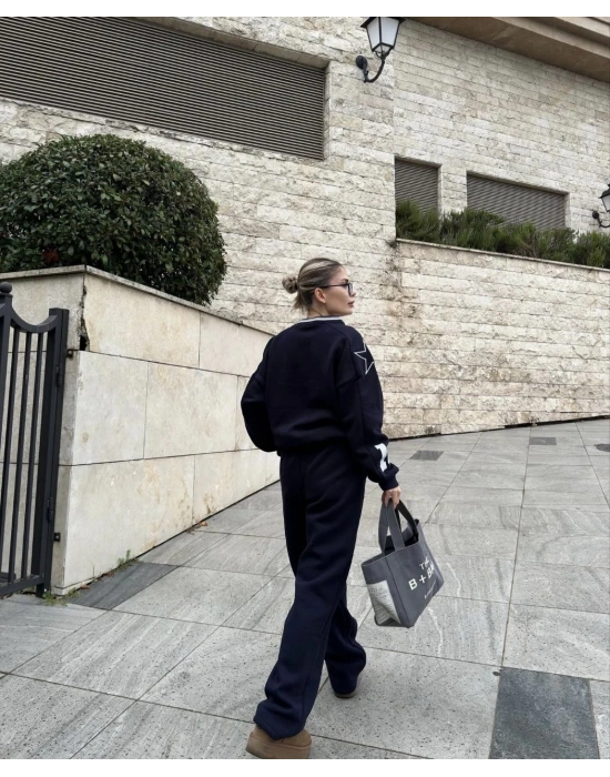 V Yaka Üç İplik Sweat Takım - Siyah