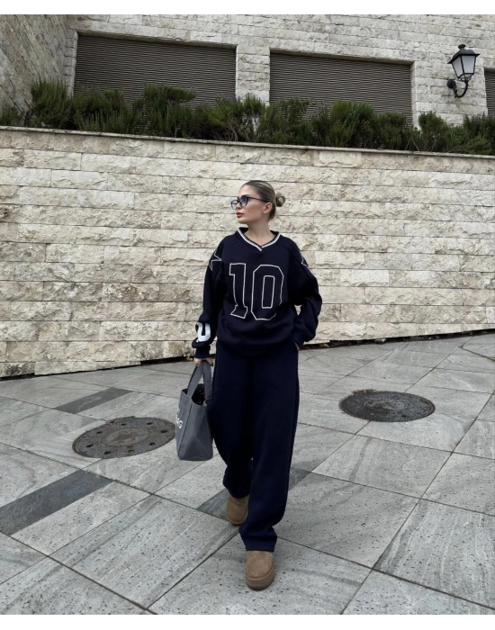 V Yaka Üç İplik Sweat Takım - Siyah