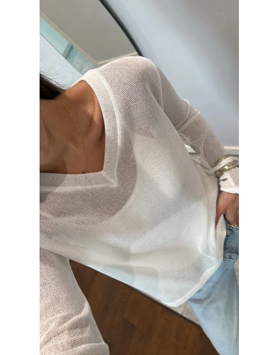 V Yaka uzun Kollu Triko ince Bluz - Beyaz