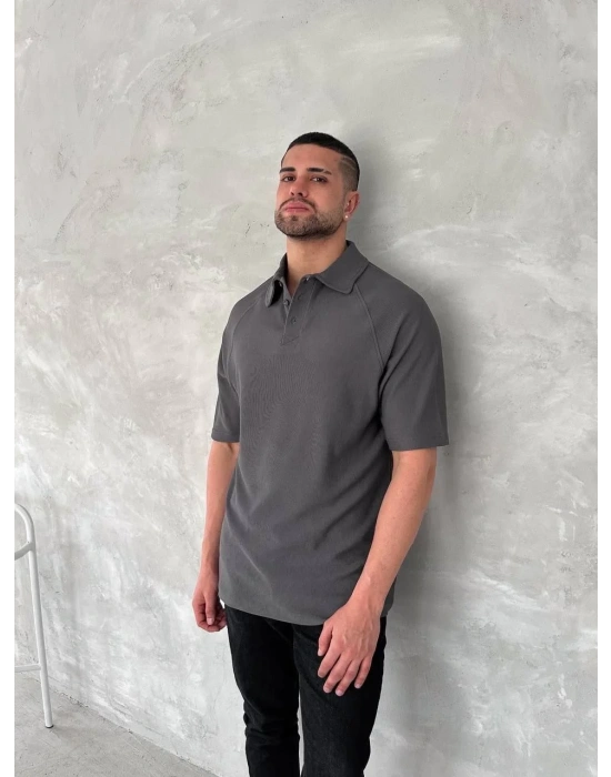 Yakalı Patlı Kısa Kol T-shirt - Antrasit