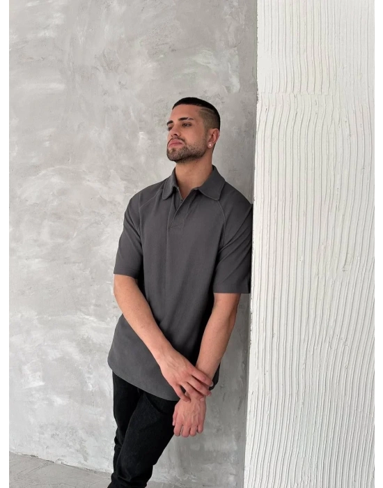 Yakalı Patlı Kısa Kol T-shirt - Antrasit