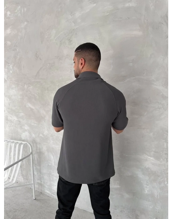 Yakalı Patlı Kısa Kol T-shirt - Antrasit